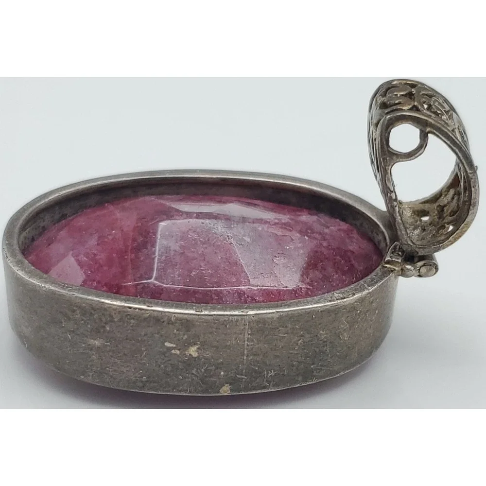 Vtg Sterling Silver Genuine Ruby Handcrafted Reversible Pendant / Brooch‎ 36g